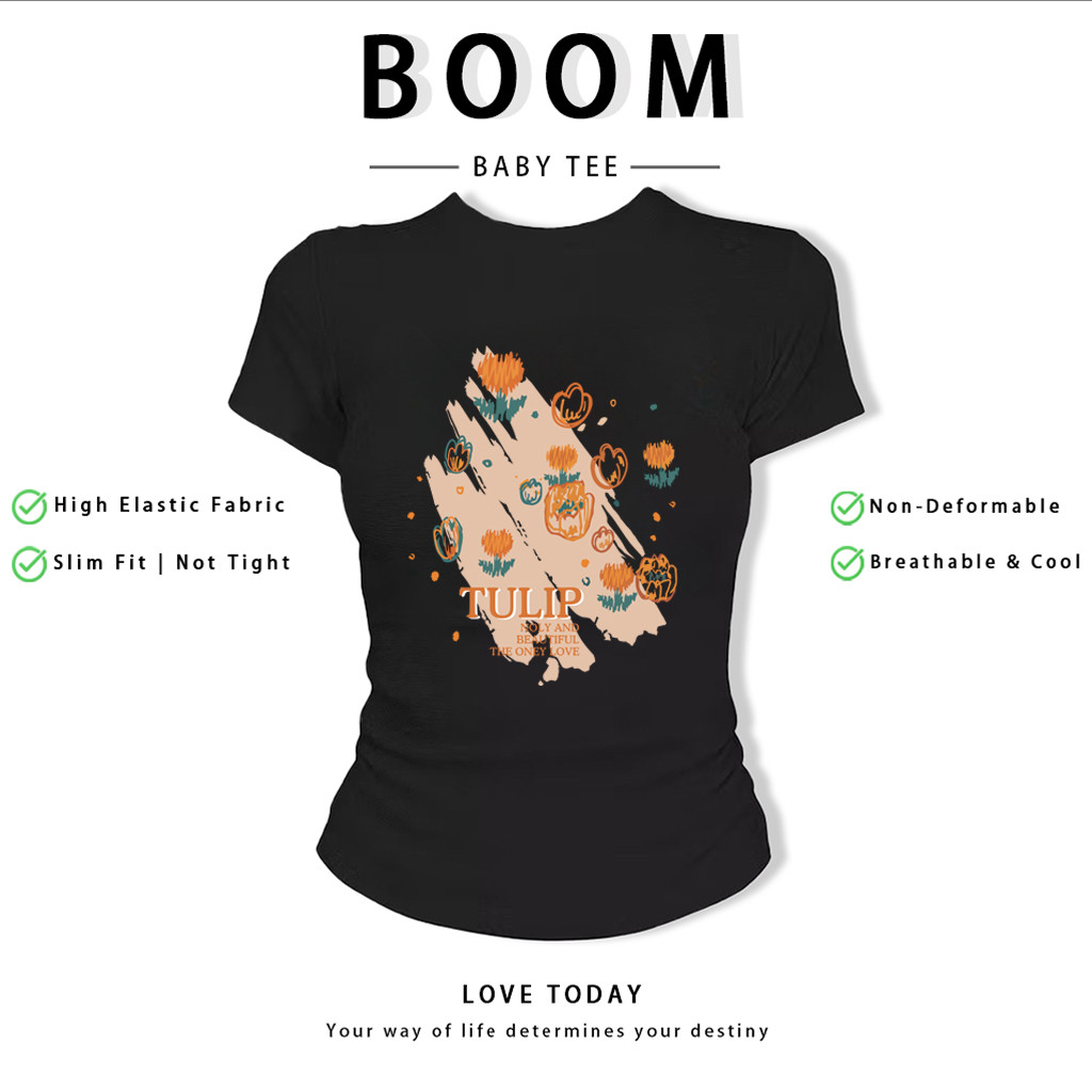 BOOM Áo Baby Tee Nữ Cotton Ôm Body-Áo Thun Ngắn Tay Y2K In Hình PhongCách Mùa Hè, Cổ Tròn Hàng Đầucách hàn quốc phong360