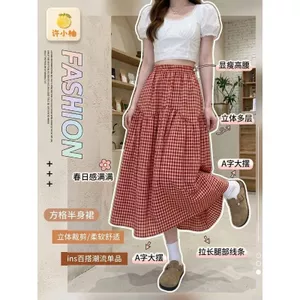 Retro Kẻ Sọc Nhìn Cao Mỏng Hơn Nhìn Cao Cấp Chữ A Váy Khâu viền Lớn Váy Giữa Chiều Dài