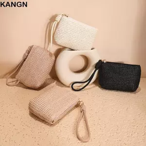 Ví KANGN, Ví đựng tiền xu Mini có dây kéo, Hộp đựng thẻ rơm bền bỉ cho nữ bé gái