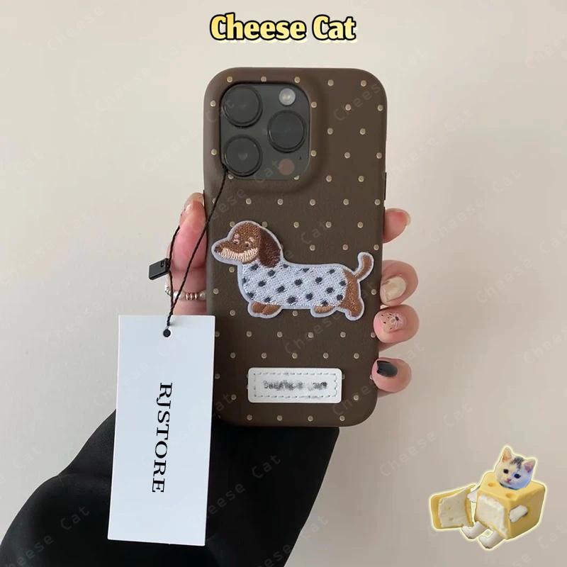 Thêu Nâu Dachshund Dành Cho iPhone 14 15 Plus Xs Max XR 7 Plus 16 13 12 11 17 Pro Max Bao Da Điện Thoại