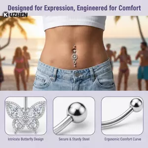 KUZHEN Thời Trang Rốn Xuyên Trang Sức Chìa Khóa Hoa Hồng Với Hoa Bướm HOT