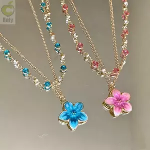 ROLY 2 Cái / bộ Vòng Cổ Lớp, Vòng Cổ Mặt Dây Chuyền Hoa Pha Lê Màu Hồng, Bộ Vòng Cổ Quyến Rũ Hai Lớp Mạ Vàng Lãng Mạn Bộ Nữ Cô Gái