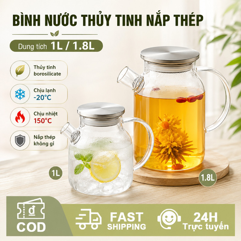 Bình nước thủy tinh borosilicate, bình đựng nước nắp inox 304, bình lọc nước pha trà 1L/1.8L