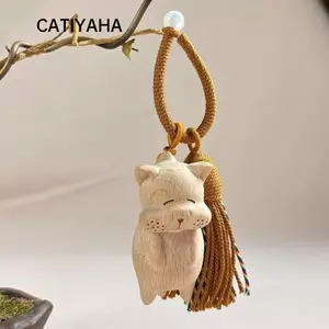 Móc khóa mèo CATIYAHA, Túi trang trí vật liệu bằng gỗ thủ công Mặt dây chuyền mèo bằng gỗ, Mặt dây chuyền túi tua rua mèo bắt tiền