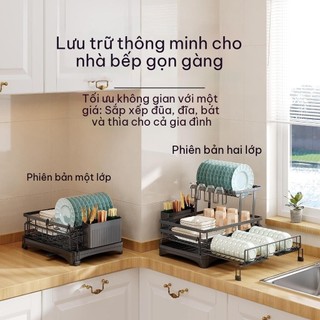 Giá để bát đĩa trên bàn để bếp giá để bát đĩa điều chỉnh được với khay thoát nước giá để bát đĩa kim loại