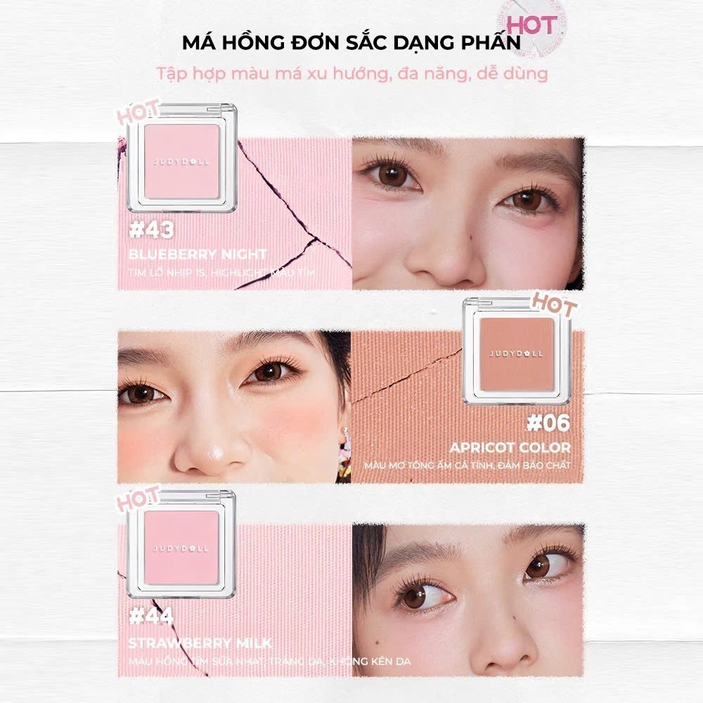 JUDYDOLL Blush Powder – Phấn Má Trang Điểm, Thiết Kế Nhỏ Gọn, Tiện Lợi
