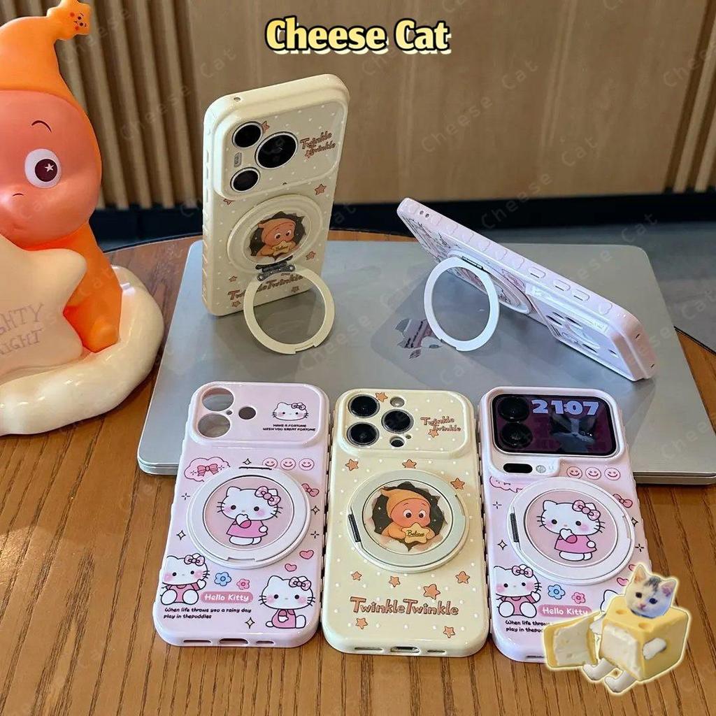 Ốp điện thoại màu hồng Kitty Star màu vàng Chân đế xoay kim loại cho iPhone 16 17 13 14 15 Plus 12 11 Pro Max Xs XR