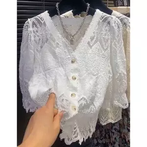 Áo sơ mi cổ V thiết kế ren phối tay bồng sang chảnh hàng QCCC hottrend XIMIMI SP479