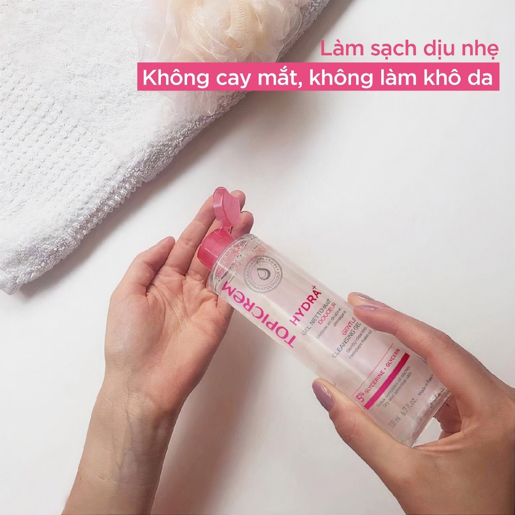 Gel rửa mặt không chứa xà phòng dành cho da khô và nhạy cảm TOPICREM HYDRA+ GENTLE CLEANSING GEL 200ML