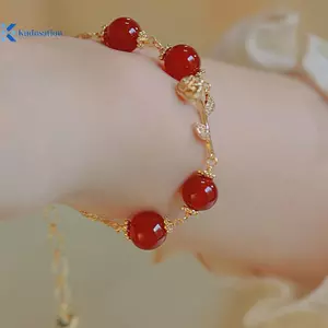 Kudosation Hoa Hồng Vàng Mã Não Đỏ Tự Nhiên Hạt Tròn Có Thể Điều Chỉnh Vòng Tay Nữ Đồ Trang Trí Phong Cách Nhẹ Nhàng Trang Sức Mỹ Quà Tặng Đẹp