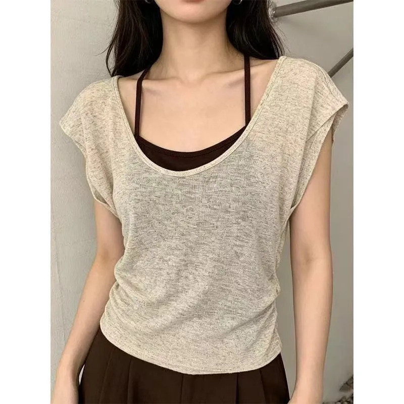 Milyfashion Giả Hai Mảnh Tay Ngắn + Dây Sling Cổ Chữ U Lớn Áo Thun Ngắn Tay Slim-Fit Sli