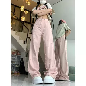 Quần jean ngọc trai cổ điển kiểu Mỹ dành cho nữ Xuân hè Giặt quần lau sàn màu hồng Quần ống rộng thẳng Tren