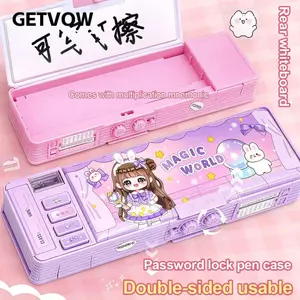 GETVOW Pencil, Khóa mật khẩu kép Hộp văn phòng phẩm bật lên tự động, Phim hoạt hình hai lớp lưu trữ Hộp bút chì Quà tặng