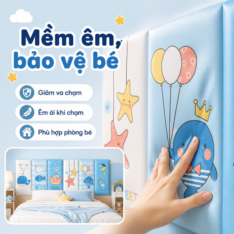 Xốp Dán Tường 3D Chống Va Đập Cho Bé 6Pcs 180x60cm, Tấm Lót Đầu Giường Trang Trí Phòng Ngủ