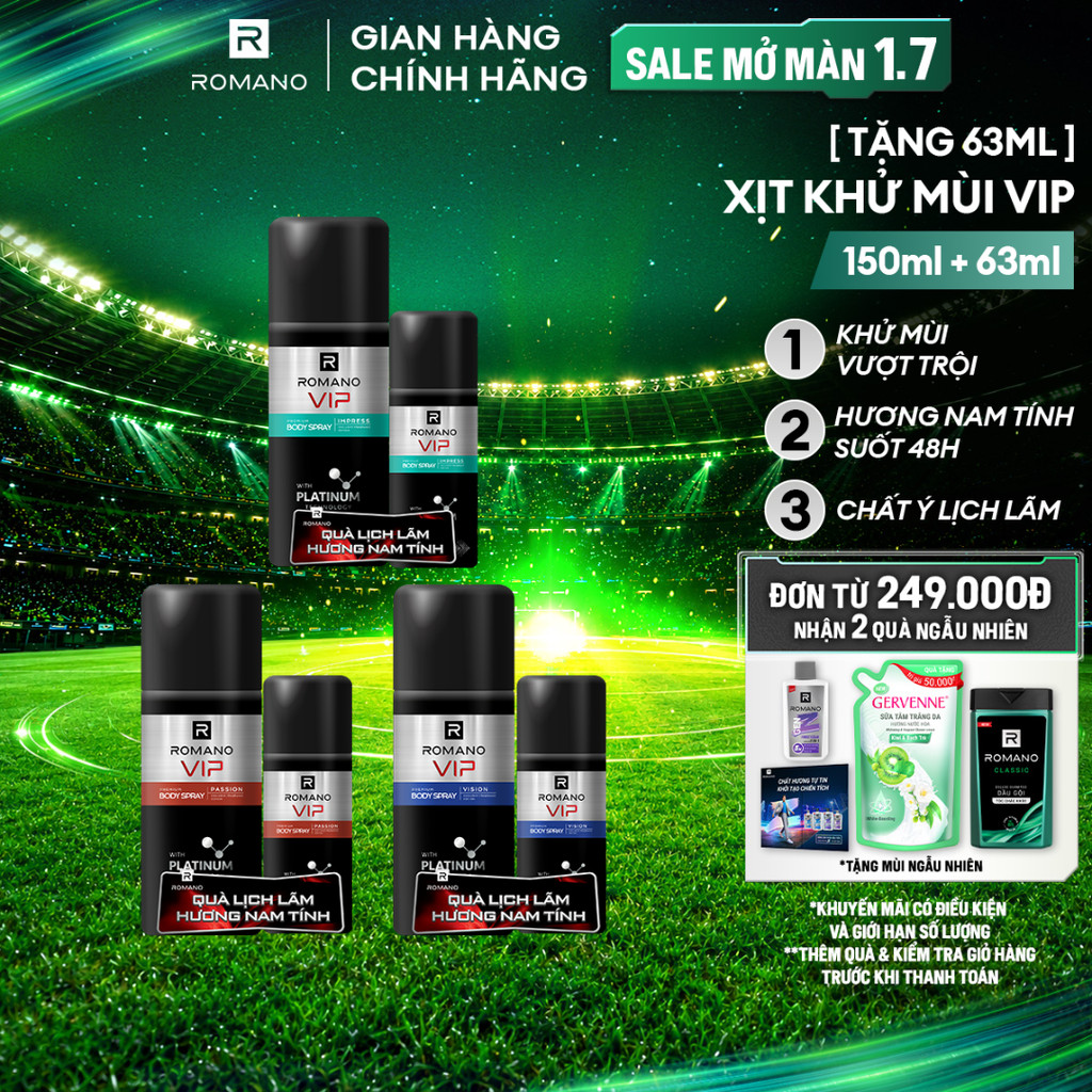 [TẶNG Xịt khử mùi 63ML] Xịt khử mùi cho nam cao cấp VIP Romano 150ml (Tặng mùi ngẫu nhiên)