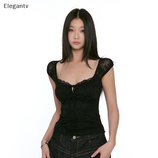 EGN Áo Thun Nữ Mùa Hè Thiết Kế Ren Nối Thẳng Vai