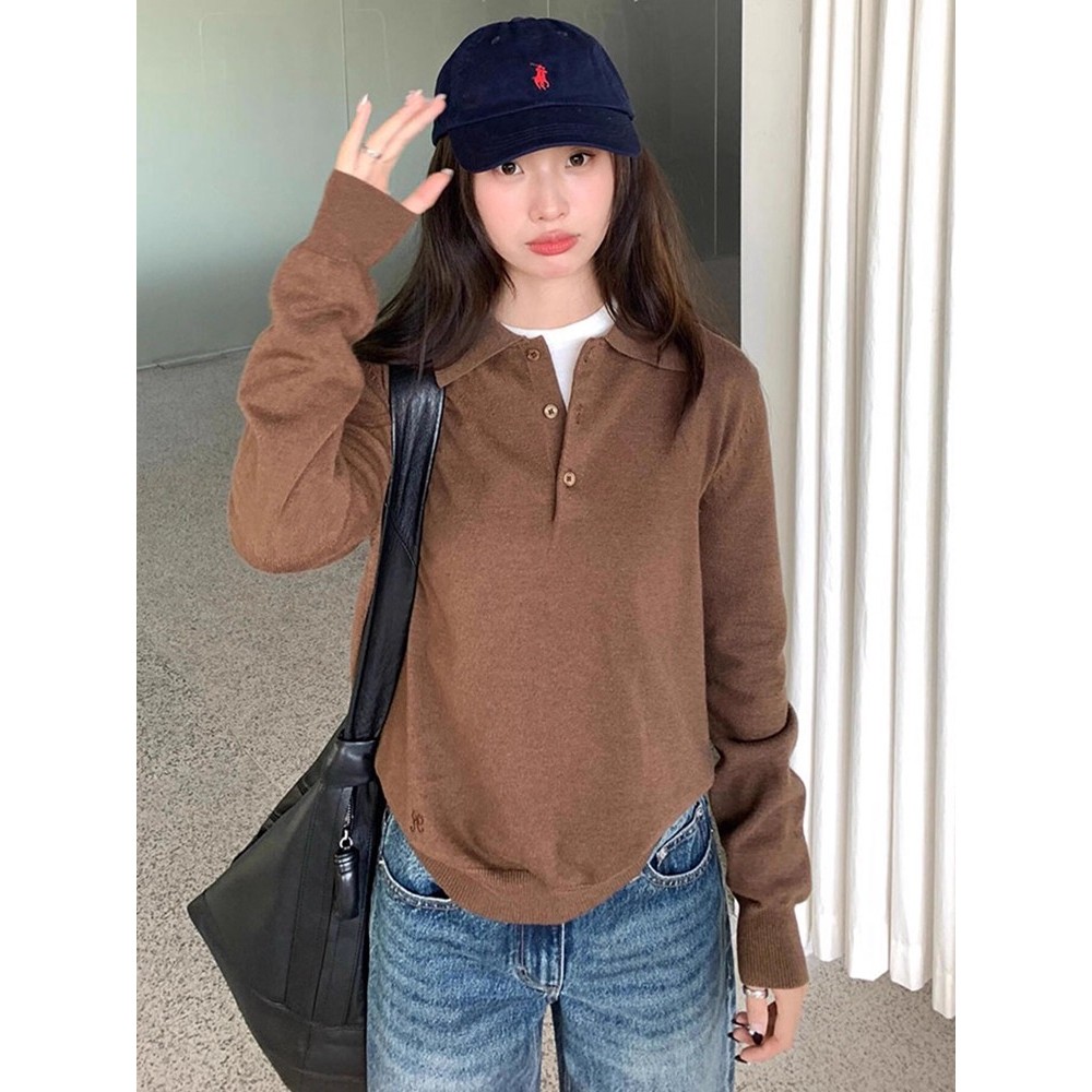 SUXI Áo polo dệt kim màu trơn đơn giản, phù hợp mùa thu cho nữ