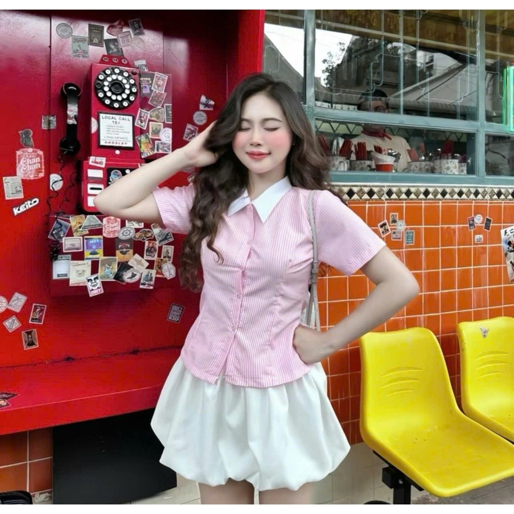 Áo Sơ Mi Ngắn Tay Sọc Nhí Cột Nơ Sau Dễ Thương Nhiều Màu Có Bigsize Bs041