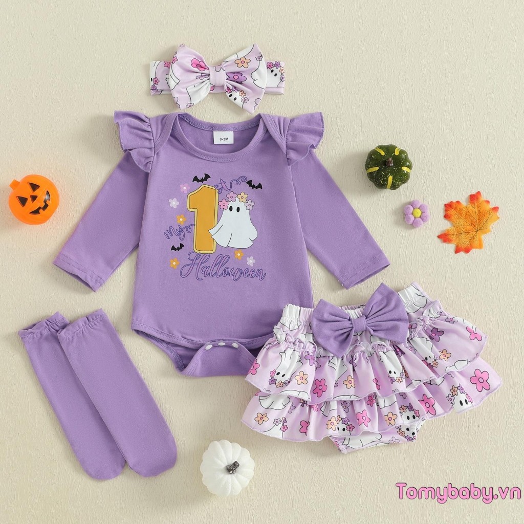 Bộ trang phục Halloween cho bé gái Áo liền quần dài tay in chữ + Skort nhiều lớp + Băng đô + Tất Bộ 4 chiếc
