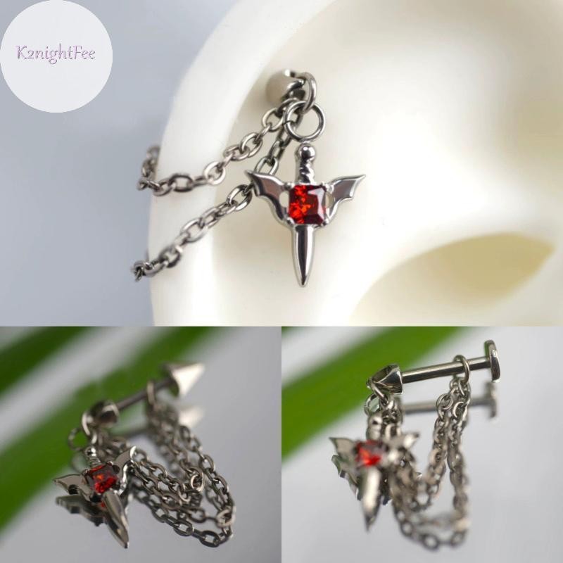 Bông tai zircon đỏ và dây xích xuyên, thiết kế gothic với đinh tán xương, phù hợp nam/nữ, xu hướng Y2K