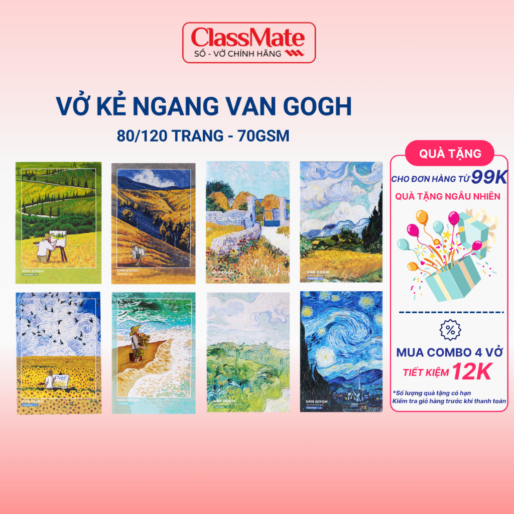 Vở Kẻ Ngang B5  Tập Vở Kẻ Ngang Quyển Vở Viết Van Gogh 72/80/120/200Trang Pattern Bìa Chống Nước Giấy Mịn -AT