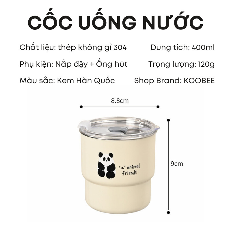 Ly Cốc Uống Nước Inox 304 400ml KOOBEE - Chịu Nhiệt Chống Nóng - Nắp Đậy Và Ống Hút Tiện Dụng - Không Lo Rơi Vỡ | 322