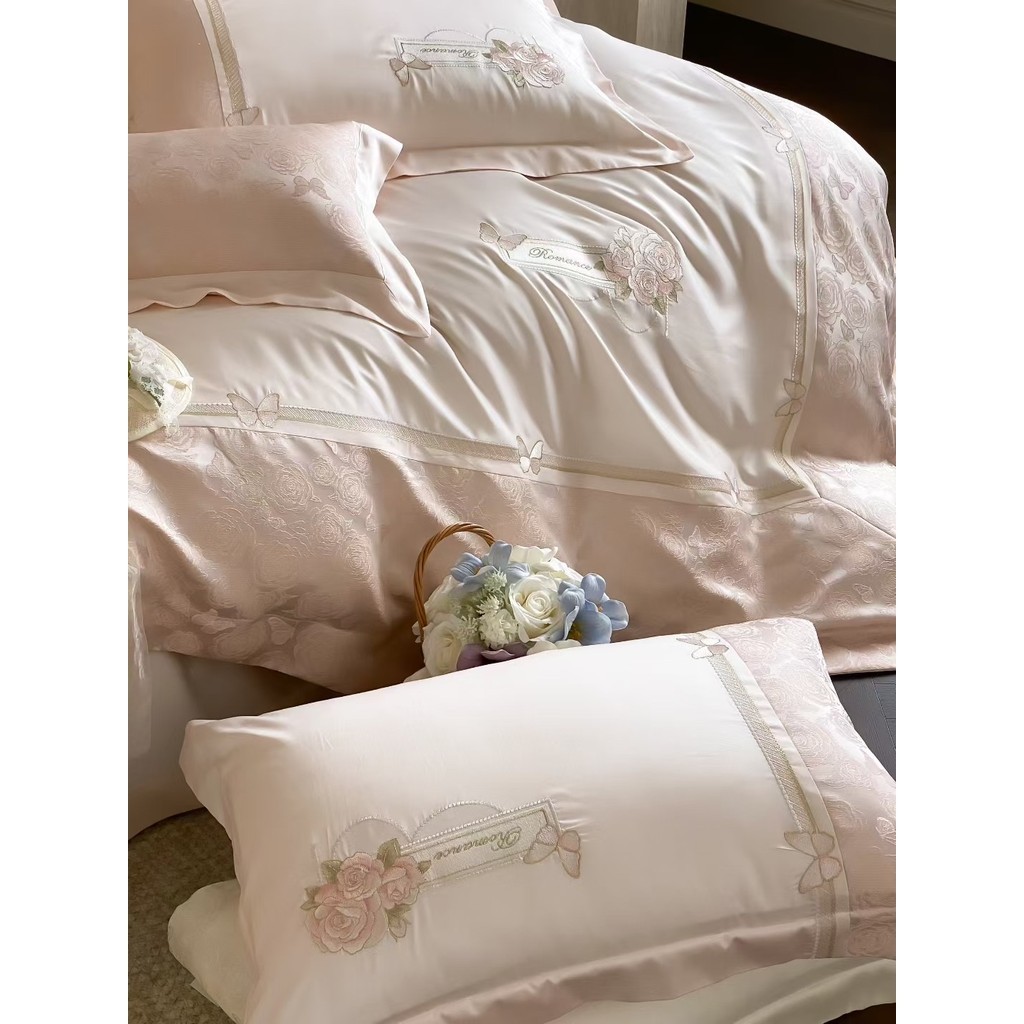 Bộ chăn ga gối Tencel cao cấp mềm mượt MemMinbedding Luxury họa tiết thêu hoa bướm tinh tế sang trọng - L41648