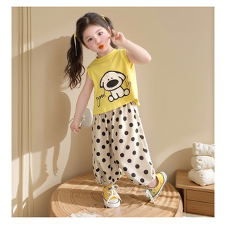 Bộ đồ bé gái mùa hè dễ thương - Áo thun in hình chó + quần chấm bi rộng rãi