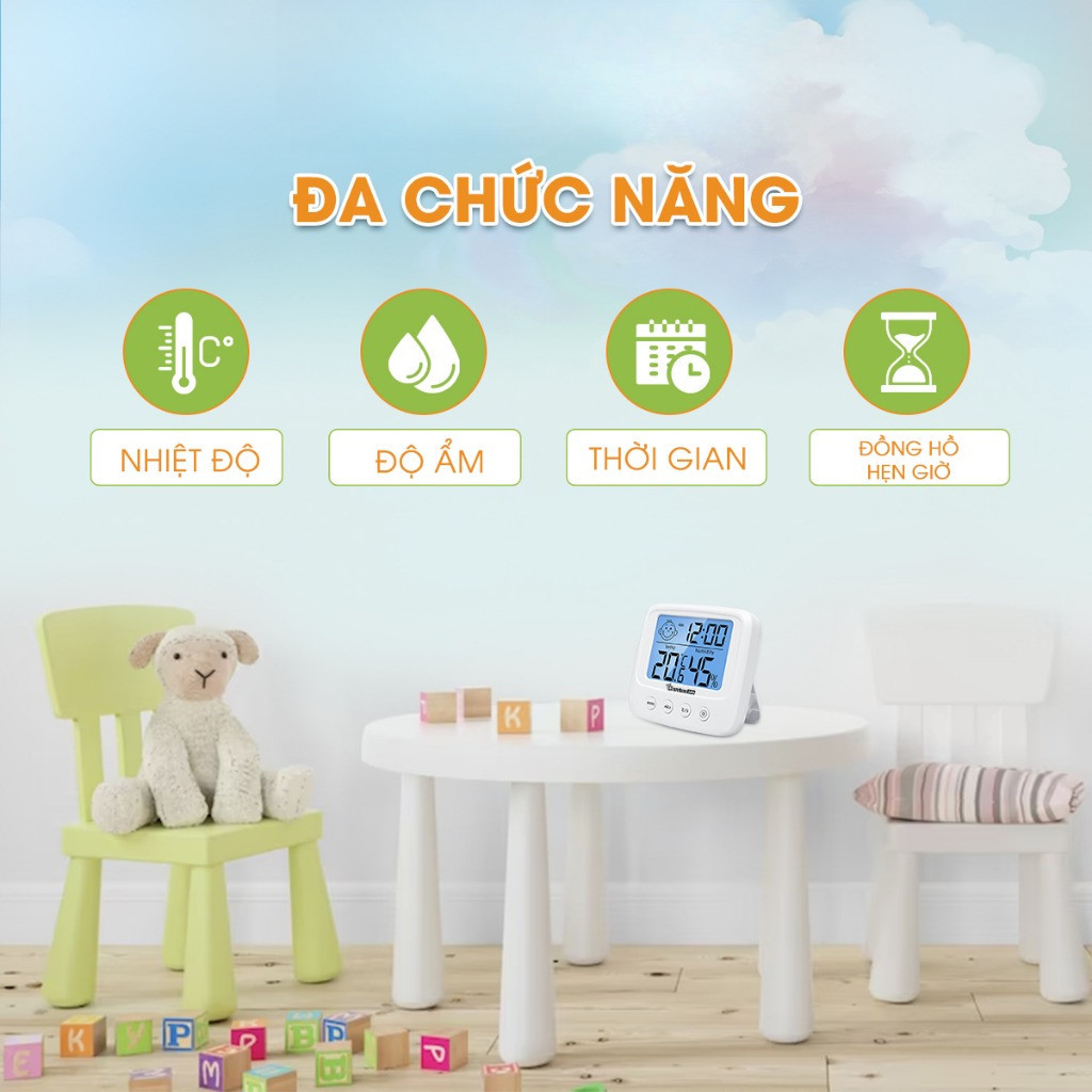 Nhiệt kế 3 trong 1: đo nhiệt độ, độ ẩm phòng ngủ | An toàn cho bé, chính xác & tiện dùng