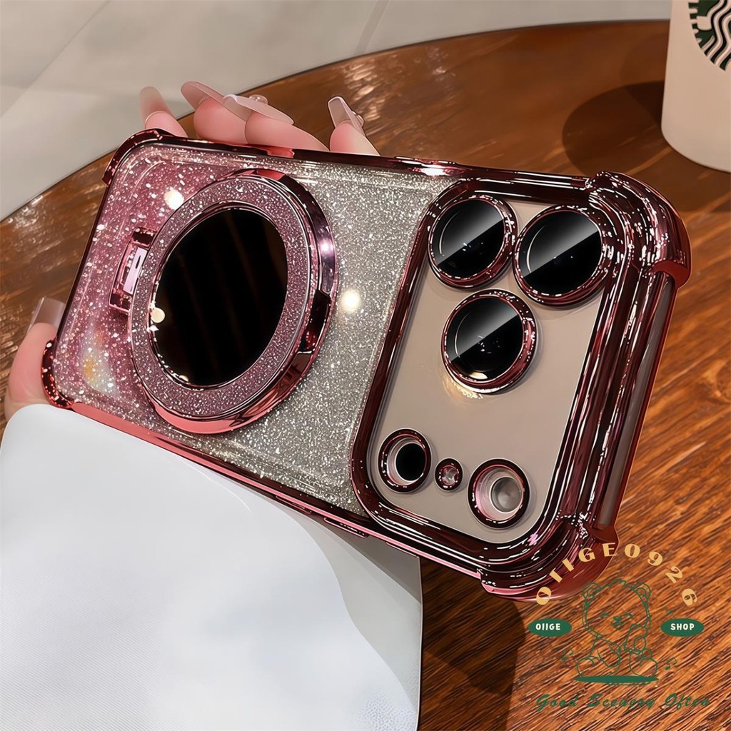 【 Ốp lưng iPhone17 】 Giá đỡ gương lấp lánh mạ màu cam Vỏ điện thoại từ tính iphone17 Pro Max 16 15 14 13 12 cho vỏ iPhone Vỏ mềm silicon TPU chống sốc