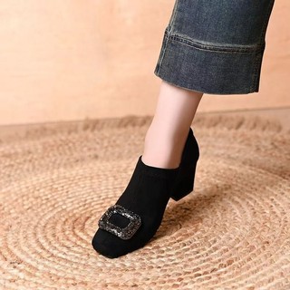 Giày Cao Gót Nữ Mũi Vuông Dày Gót Chân Sâu Miệng Kim Cương Giả