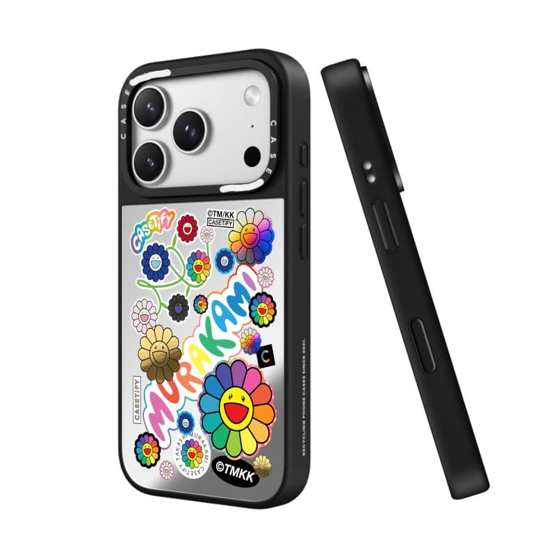 TAKASHI MURAKAMI x CASECASE: HOA BLOOM FLOWERS STICKER MANIA Gương đen & bạc Vỏ iPhone hút từ tính cho iPhone 17 Air 16 15 14 13 12 Pro Max Plus logo khắc