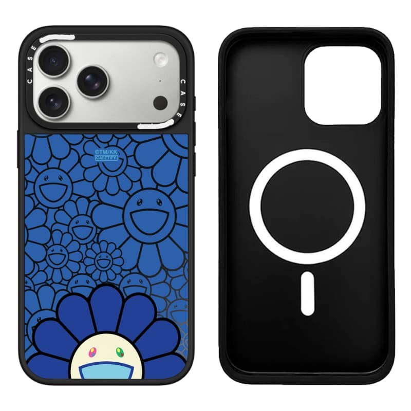 TAKASHI MURAKAMI x CASECASE: FLOWERS BLOOM SMILE (XANH) Gương đen & bạc Vỏ iPhone hút từ tính cho iPhone 17 Air 16 15 14 13 12 Pro Max Plus logo khắc
