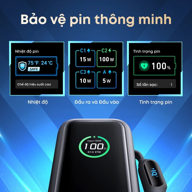 Pin Sạc di động Anker Zolo 25.000mAh| Công suất 165W | Tích hợp 2 cáp USB-C có thể rút gọn | Có màn hình-A1695 | BigBuy360 - bigbuy360.vn