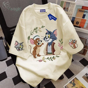 （Giao hàng 24h）Angela Áo thun nữ oversize màu kem, họa tiết hoạt hình mèo và chuột, phong cách Hàn Quốc Harajuku#1