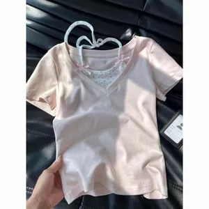 Phong cách Hàn Quốc Dây đeo hoa phong cách ngọt ngào Khâu áo thun ngắn tay cổ chữ V dành cho nữ mùa xuân thon gọn hơn