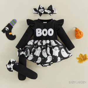 Trang phục Halloween cho bé gái Áo liền quần dài tay in hình ma + Băng đô + Tất Quần áo trẻ sơ sinh
