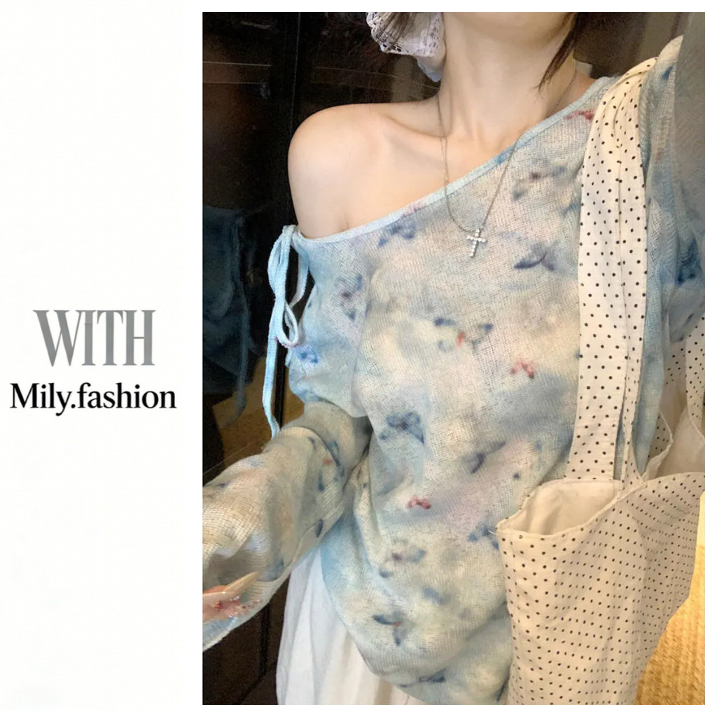 Milyfashion Rend-Up Bướm In Hình Dài Tay Chống Nắng Áo Thun Nữ Mùa Hè Mỏng Niche Sang Trọng Lỏng Lẻo Ôm Hơn