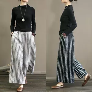 Quần ống rộng sọc dọc in vải lanh Cotton cổ điển thon gọn hơn trông rộng hơn Quần ống chân thẳng thông thường dành cho nữ