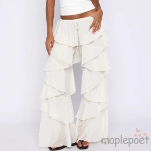 MAPLEPOET-Nữ Xù Quần Ống Rộng Cổ Chắc Chắn Dây Rút Thấp Tầng Quần Dài Cho Văn Phòng Hàng Ngày