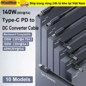 Cáp USB Type C sang DC WOODNEST 180CM, Dây chuyển đổi máy tính xách tay Emark Chip PD 140W, Chuyên nghiệp 5.5X2.5mm Nhiều mẫu Dây sạc nhanh 20V 7A cho / Dell / Asus Văn phòng tại nhà