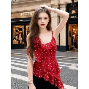 Áo sơ mi voan hoa mùa hè Hot Girl Xù viền không đều Slim-fit Slimer Look Sling Top