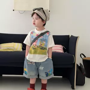 Giảm giá có hạn! Bé trai (90-140) áo SpongeBob + quần short thời trang Hàn Quốc, vải mát