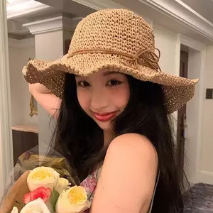 Phong cách mới Phong cách kỳ nghỉ Vành lớn dệt Mũ rơm Phong cách mục vụ Nơ Mũ chống nắng thoáng khí