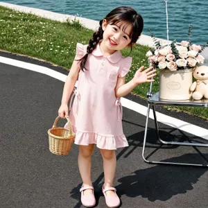 Bé gái (90-150) Mùa hè Phong cách mới Áo thun cổ búp bê màu hồng hoạt hình Mèo con Xù hàng đầu công chúa