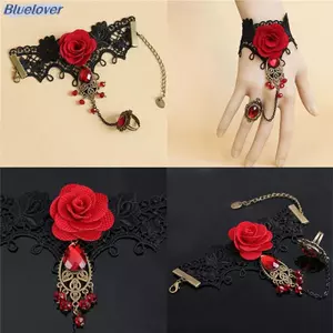 Bluelover Hot Mới Thanh Lịch Phong Cách Gothic Ren Hoa Hồng Đỏ Vòng Tay Có Thể Điều Chỉnh Nhẫn Mới