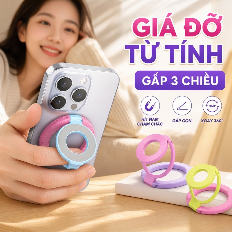 Gia Đỡ Điện Thoại Từ Tính Gập 3 Chiều Nhẫn Cầm Tay Chống Rơi Hỗ Trợ Magsafe Iphone Android
