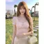 Áo thun ngắn cổ chữ V phong cách ngọt ngào dành cho nữ mùa hè Phong cách mới Gạc hai lớp Pure Desire Áo thun ngắn vừa vặn