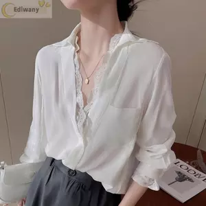 Áo sơ mi nữ EDIWANY, Áo ren giả hai mảnh ren, Áo sơ mi dài tay màu trắng đơn giản đầu xuân