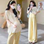 Bộ đồ bà bầu Áo thun cổ chữ V dáng rộng mùa hè + Không nâng bụng Quần ống rộng bằng vải Cotton Bộ đồ hai mảnh